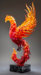 Design a captivating Phoenix sculpture in a dynamic pose, embodying flames in vibrant reds and yellows, illustrating its rebirth and majestic presence - obrazy, fototapety, plakaty