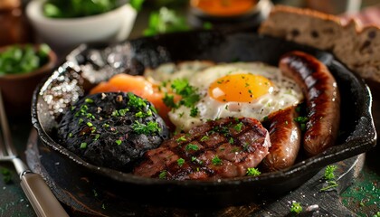 Full Irish breakfast with eggs, sausages, and black pudding, balanced composition, natural light, Irish pub in the morning - obrazy, fototapety, plakaty