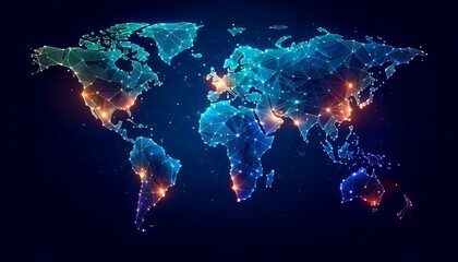 A digital world map with glowing network connections, symbolizing global communication and technology interconnectivity. - obrazy, fototapety, plakaty