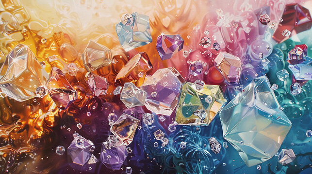 Liquid diamonds cascade across the canvas, their refractive brilliance echoing the vibrant watercolor palette. 