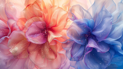 Luminescent watercolor petals dancing with iridescent glitter in a symphony of pastel dreams. 