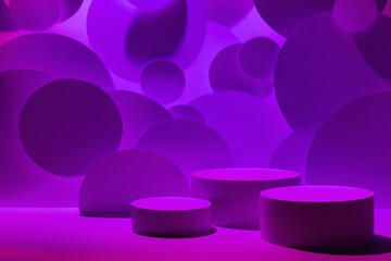 Abstract stage for presentation skin care products - three round podiums mockup in gradient pink purple violet glowing light, bubbles fly as decor. Template for displaying in vapor wave disco style.
