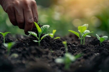 Man hoeing the soil, hands planting green seedling with soft focus background, tech style
