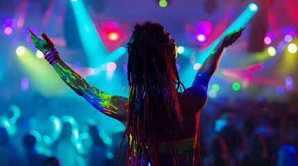 A woman seen from back in a music event, dancing in neon color lights