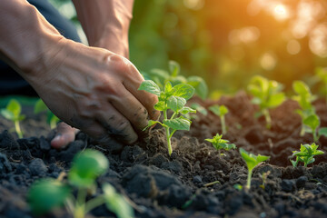 Man hoeing the soil, hands planting green seedling with shallow depth of field, tech style - obrazy, fototapety, plakaty