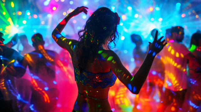 A woman with fluorescent bodypainting seen from back in a music event, dancing in neon color lights