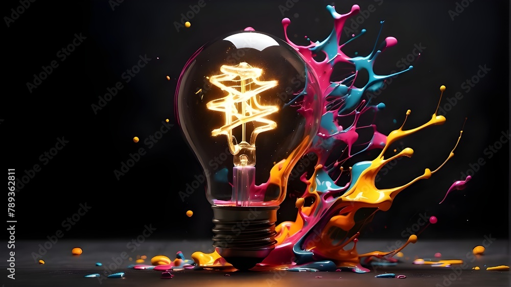 Poster an inventive lightbulb bursts into vibrant paint and splatters against a dark backdrop. consider unc