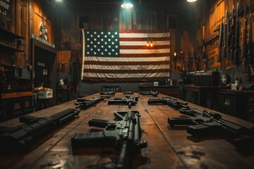 Multiple guns laid out on a wooden surface in a rustic room, with an American flag displayed prominently in the background. - obrazy, fototapety, plakaty