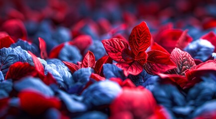 A textured sea of blue and red leaves with intricate veins, creating a vivid contrast. - obrazy, fototapety, plakaty
