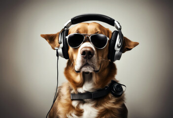 music listening sunglasses headphones Cool dj dog earphones canino groove beat rythm mixing turntable party nightlife stylish trendy hip urban lover animal - obrazy, fototapety, plakaty