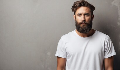 bearded guy wearing blank white t-shirt shirt on plain concrete wall background mockup from Generative AI