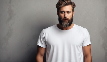 bearded guy wearing blank white t-shirt shirt on plain concrete wall background mockup from Generative AI
