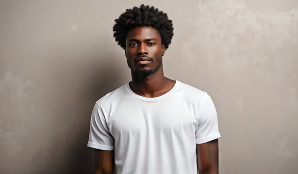 black african guy wearing blank white t-shirt shirt on plain concrete wall background mockup from Generative AI