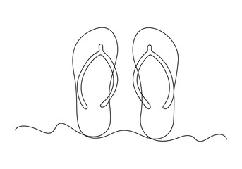 Continuous one line drawing of slippers for beach. Summer party. Isolated on white background vector illustration 