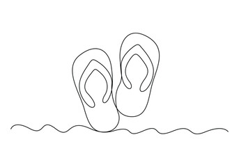 Continuous one line drawing of slippers for beach. Summer party. Isolated on white background vector illustration  - obrazy, fototapety, plakaty