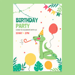 Naklejka premium Character snake with a balloon birthday invitation template