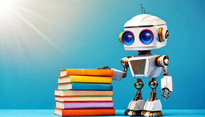 Close-up of a cute robot standing with a stack of multicolored books in front of him, on a blue background with copy space. Concept of artificial intelligence, learning and school. Generative Ai.
