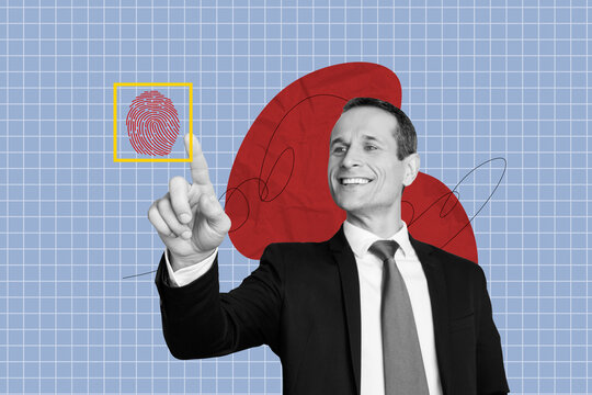 Creative trend collage of businessman identification biometric verification personality finger print weird freak bizarre unusual fantasy