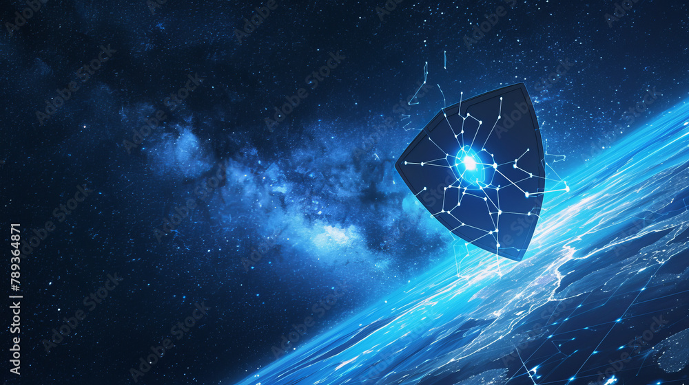 Poster a blue shield with a bright light on it is floating in space