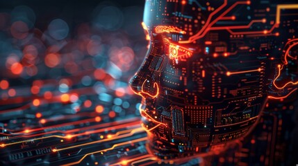 A computer generated face with a lot of circuitry and wires. The face is orange and black. Concept of technology and artificial intelligence