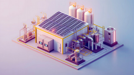 3d render of a factory with solar panels on the roof.