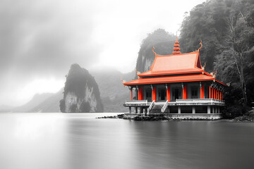 Chinese temple on the lake in the mist. Black and white image