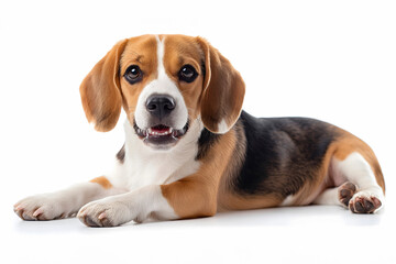 young beagle dog in front of white background. isolated on white