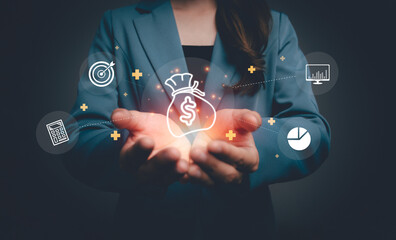 Concept of investment, business and finance, capital fundraising, invest in trading. A businesswoman in a suit holding a glowing money bag with various business icons around her.