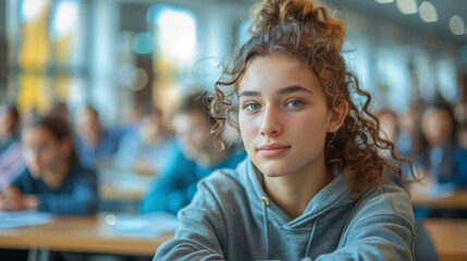 A girl with curly hair is sitting in a classroom with other students. She is wearing a gray hoodie and has a serious expression on her face - Powered by Adobe