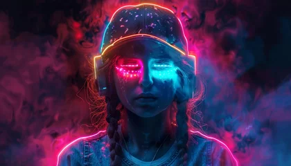 Fotobehang A girl with neon colored eyes and a hat is staring at the camera by AI generated image © chartchai