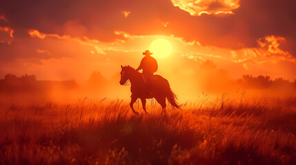 cowboy on a horse in the field rides against the background of the sunset. breathtaking landscape wallpaper 