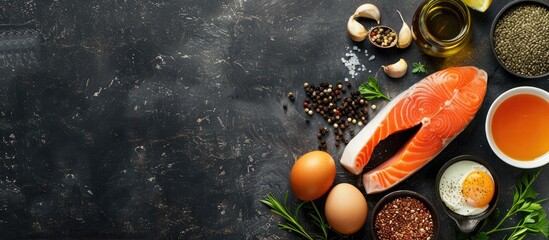 Black table with an assortment of food ingredients high in vitamin D and omega 3, along with empty space for text.