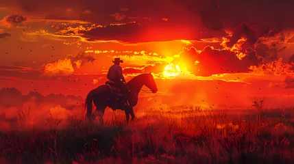 Foto op Canvas cowboy on a horse in the field rides against the background of the sunset. breathtaking landscape wallpaper  © AY AGENCY