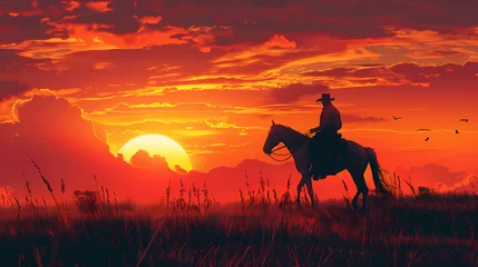 Gordijnen cowboy on a horse in the field rides against the background of the sunset. breathtaking landscape wallpaper  © AY AGENCY
