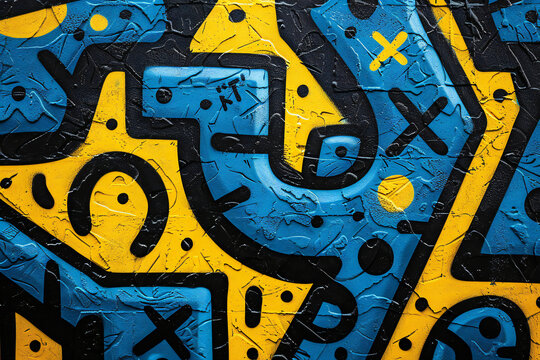 Blue and yellow Street art graffiti paintings wall abstract decorations background