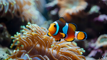 Naklejka na ściany i meble Vibrant anemonefish gracefully swimming among colorful corals in a saltwater aquarium display 4K Wallpaper