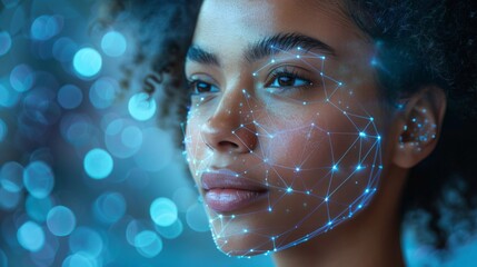 A woman's face is shown in a blue background with a pattern of lines and dots. Concept of technology and artificial intelligence, as if the woman's face is being mapped or analyzed