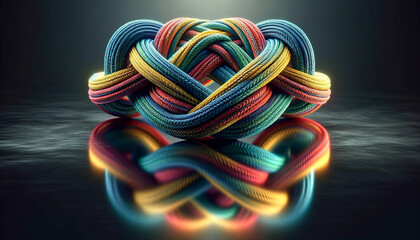 sequence of multi colored ropes forming an overhand knot on a reflective surface - obrazy, fototapety, plakaty