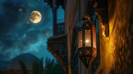 Beautiful Arabic lantern glowing on a peaceful street under the light of the full moon at night - obrazy, fototapety, plakaty