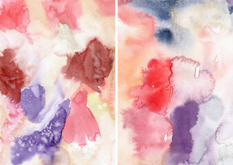 Watercolor abstract textures of violet, red, pink, blue and white spots. Hand painted pastel illustration isolated on white background. For design, print, fabric or background. - 789367057