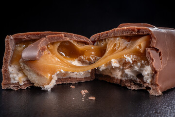 Close up of chocolate candy bar with caramel filling, snapped in half
