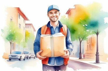 caucasian delivery man smiling, holding package and walking at city street, watercolor illustration.