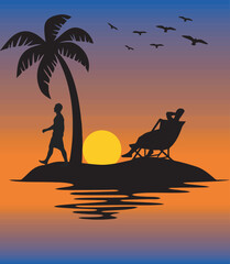 Sun set the beach with palm tree shilhouette