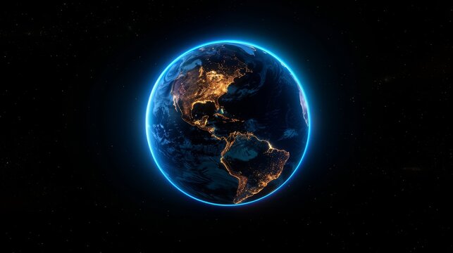 Illuminated Earth from space showcasing city lights on the night side with a glowing atmosphere edge, on a starry background.