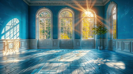 AI generated illustration of A serenely spacious room bathed in a soft palette of blue and white