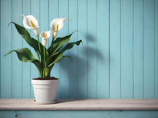 Pastel  blue old wooden wall for background. Minimalist vintage style decorated with  calla lily  in a pot.