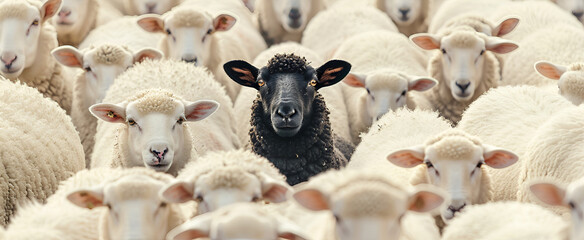 Standing Out. A Flock of White Sheep with One Bold Black Sheep in the Center Symbolizing Individuality and Uniqueness. - obrazy, fototapety, plakaty