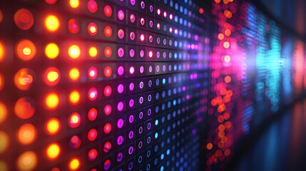 Abstract background of colorful LED lights with shallow depth of field and bokeh