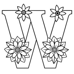 Alphabet W coloring page with the flower, W letter digital outline floral coloring page, ABC coloring page