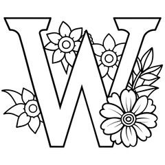 Alphabet W coloring page with the flower, W letter digital outline floral coloring page, ABC coloring page